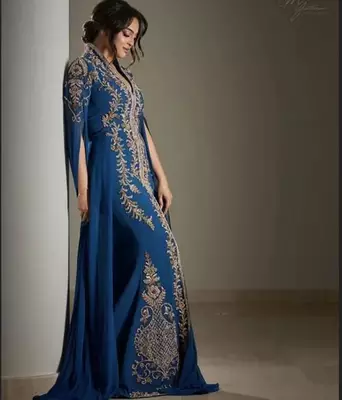 Regal Blue Wedding Kaftan Gown with Gold Embellishments 2