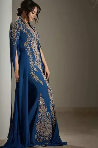 Regal Blue Wedding Kaftan Gown with Gold Embellishments