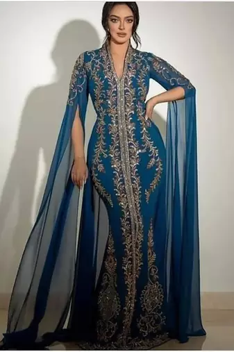 Regal Blue Wedding Kaftan Gown with Gold Embellishments