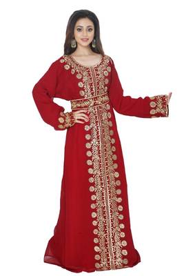 Maroon Embroidered Work Stitched Georgette Kaftan Wedding Dress 3