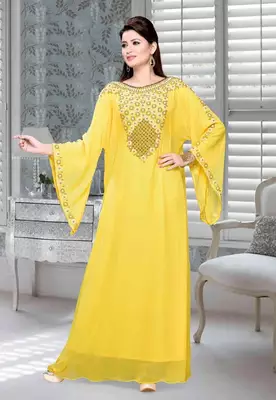 Yellow Zari & Stone Work Stitched Georgette Abaya Wedding Dress 1