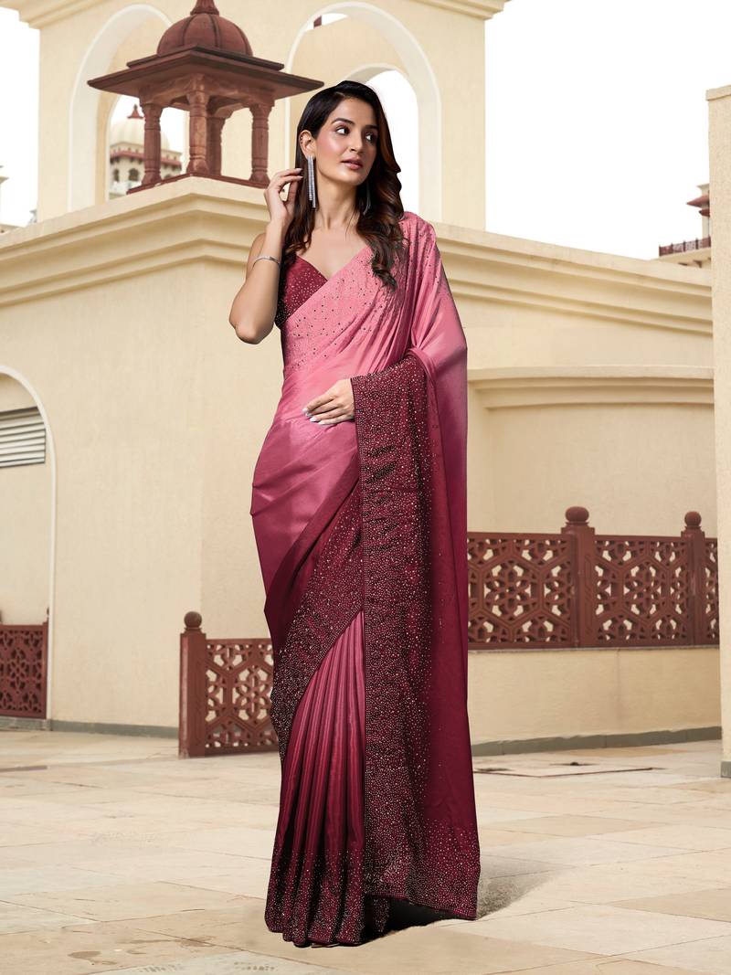 Trendmalls Purple Chinon Pedding Heavy Siroski Double Shade Traditional Wedding Party Wear Bridal Saree With Blouse  