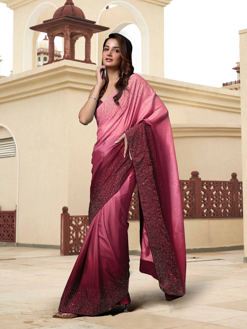 Trendmalls Purple Chinon Pedding Heavy Siroski Double Shade Traditional Wedding Party Wear Bridal Saree With Blouse  