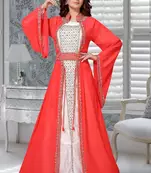 Red-White Zari & Stone Work Stitched Satan Kaftan Wedding Dress