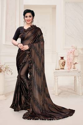Amrutam Fab Women'S Lycra Foil Print Brown Party Wear Saree With Blouse Piece (Sr-10200-Brown) 1