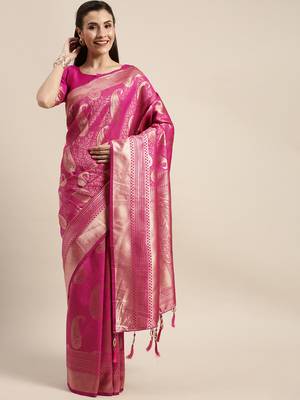 Amrutam fab women's banarasi silk pink saree with blouse piece (sr-10166-pink) 1