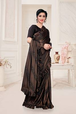 Amrutam Fab Women'S Lycra Foil Print Brown Party Wear Saree With Blouse Piece (Sr-10200-Brown) 4