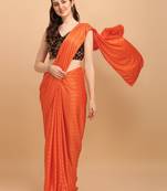 Amrutam fab women's malai silk orange saree with sequences blouse piece
