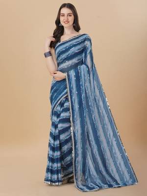 Amrutam fab women's georgette sequence embroidered printed blue saree with blouse piece 1