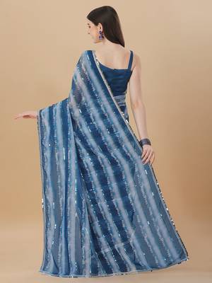Amrutam fab women's georgette sequence embroidered printed blue saree with blouse piece 2