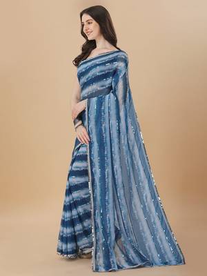 Amrutam fab women's georgette sequence embroidered printed blue saree with blouse piece 3