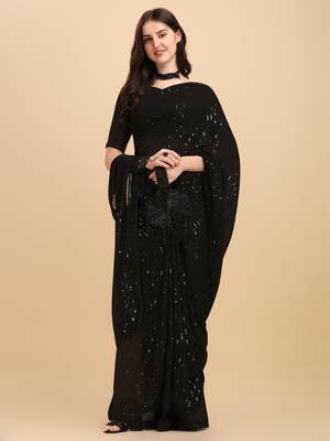 Amrutam Fab Women'S Georgette Sequence Embroidered Black Saree With Blouse Piece 1