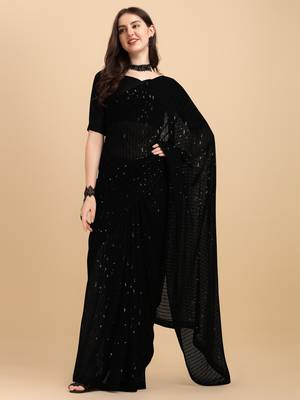 Amrutam Fab Women'S Georgette Sequence Embroidered Black Saree With Blouse Piece 3