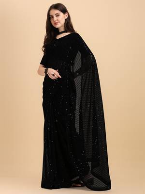 Amrutam Fab Women'S Georgette Sequence Embroidered Black Saree With Blouse Piece 4