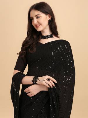 Amrutam Fab Women'S Georgette Sequence Embroidered Black Saree With Blouse Piece 5
