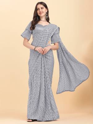 Amrutam fab women's georgette sequence embroidered grey saree with blouse piece 1