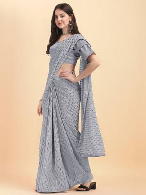 Amrutam fab women's georgette sequence embroidered grey saree with blouse piece 3
