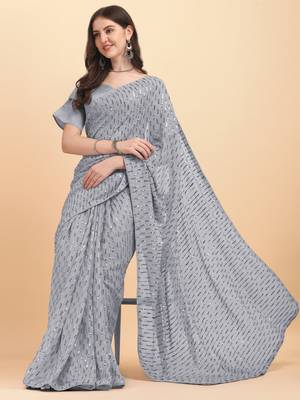 Amrutam fab women's georgette sequence embroidered grey saree with blouse piece 4