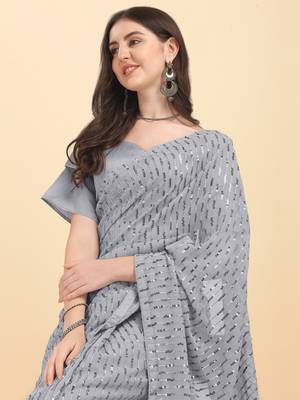 Amrutam fab women's georgette sequence embroidered grey saree with blouse piece 5