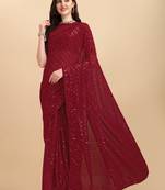 Amrutam Fab Women'S Georgette Sequence Embroidered Maroon Saree With Blouse Piece