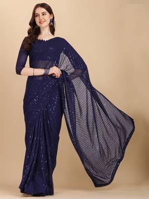 Amrutam fab women's georgette sequence embroidered navy blue saree with blouse piece 1