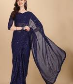 Amrutam fab women's georgette sequence embroidered navy blue saree with blouse piece