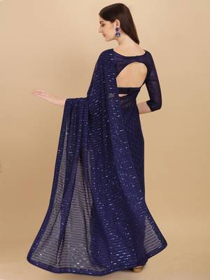 Amrutam fab women's georgette sequence embroidered navy blue saree with blouse piece 2