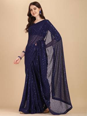 Amrutam fab women's georgette sequence embroidered navy blue saree with blouse piece 3