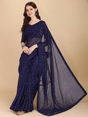 Amrutam fab women's georgette sequence embroidered navy blue saree with blouse piece 4