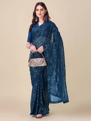 Amrutam Fab Women'S Georgette Sequence Embroidered Work Morpich Saree With Blouse Piece 1