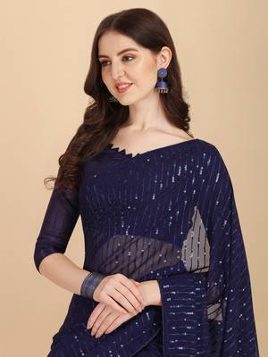 Amrutam fab women's georgette sequence embroidered navy blue saree with blouse piece 5