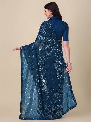 Amrutam Fab Women'S Georgette Sequence Embroidered Work Morpich Saree With Blouse Piece 2