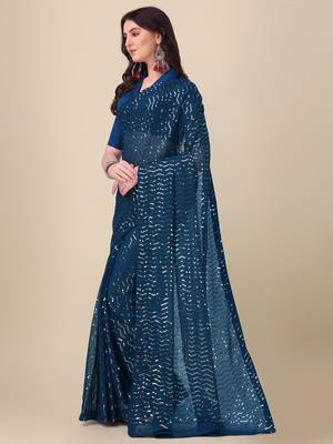 Amrutam Fab Women'S Georgette Sequence Embroidered Work Morpich Saree With Blouse Piece 3