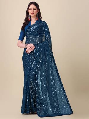 Amrutam Fab Women'S Georgette Sequence Embroidered Work Morpich Saree With Blouse Piece 4