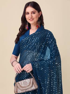 Amrutam Fab Women'S Georgette Sequence Embroidered Work Morpich Saree With Blouse Piece 5