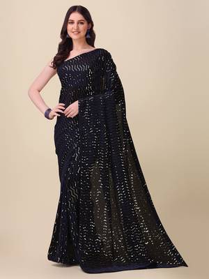 Amrutam fab women's georgette sequence embroidered work navy blue saree with blouse piece 1