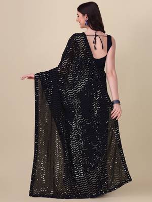 Amrutam fab women's georgette sequence embroidered work navy blue saree with blouse piece 2
