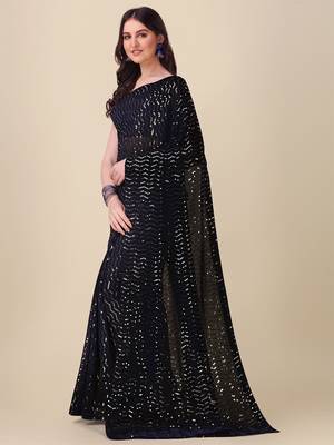Amrutam fab women's georgette sequence embroidered work navy blue saree with blouse piece 3