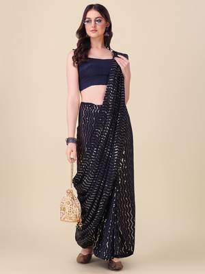 Amrutam fab women's georgette sequence embroidered work navy blue saree with blouse piece 4