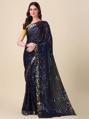 Amrutam fab women's georgette sequence embroidered work navy blue saree with blouse piece 1