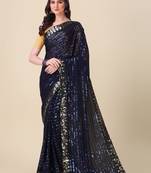 Amrutam fab women's georgette sequence embroidered work navy blue saree with blouse piece