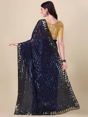 Amrutam fab women's georgette sequence embroidered work navy blue saree with blouse piece 2