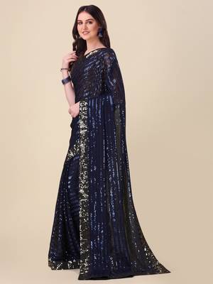 Amrutam fab women's georgette sequence embroidered work navy blue saree with blouse piece 3