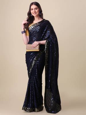 Amrutam fab women's georgette sequence embroidered work navy blue saree with blouse piece 4
