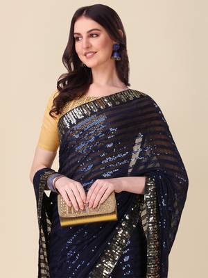 Amrutam fab women's georgette sequence embroidered work navy blue saree with blouse piece 5