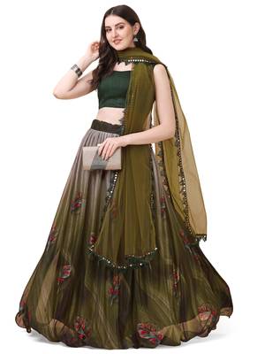 Amrutam Fab Women's Green Color Lycra Digital Print Lehenga Choli 3