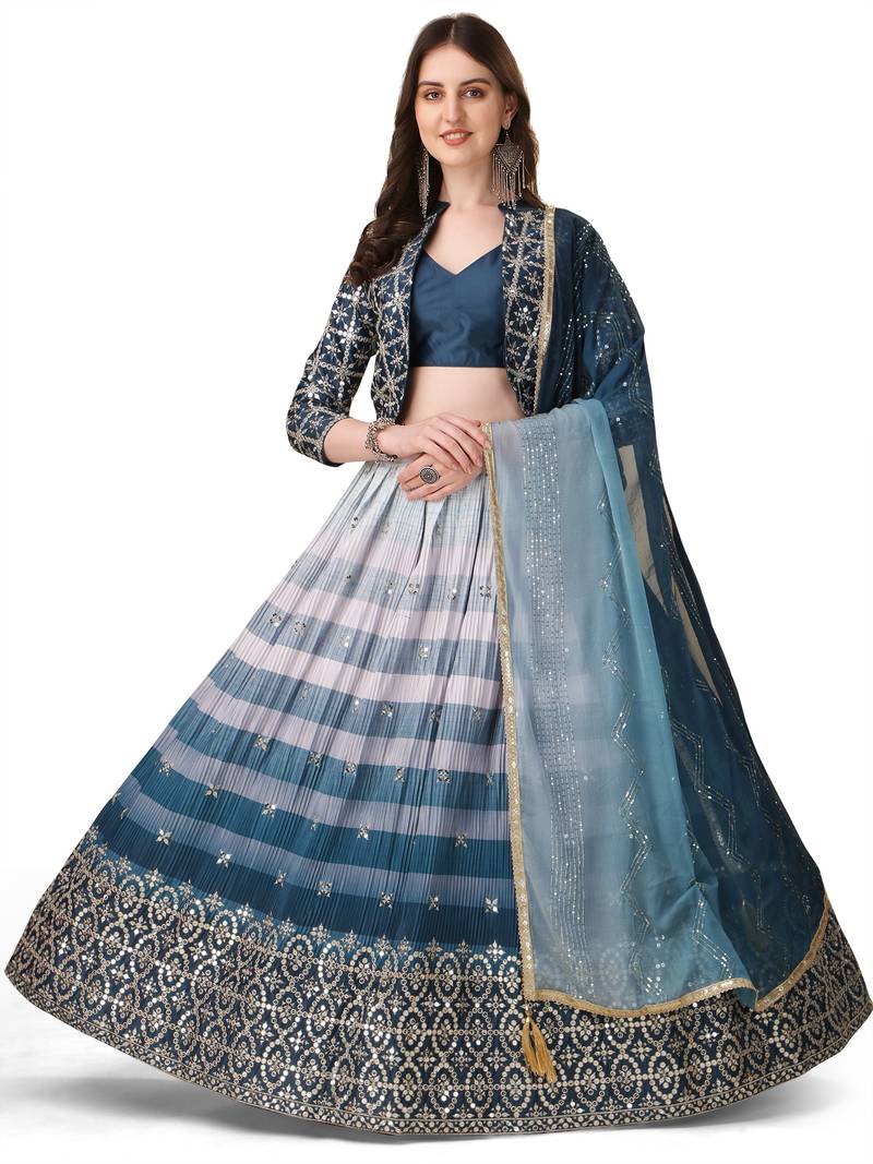 Amrutam Fab Women's Morpich Color Satin Digital Print Crush With Embroidered Work Jacket Designer Lehenga Choli