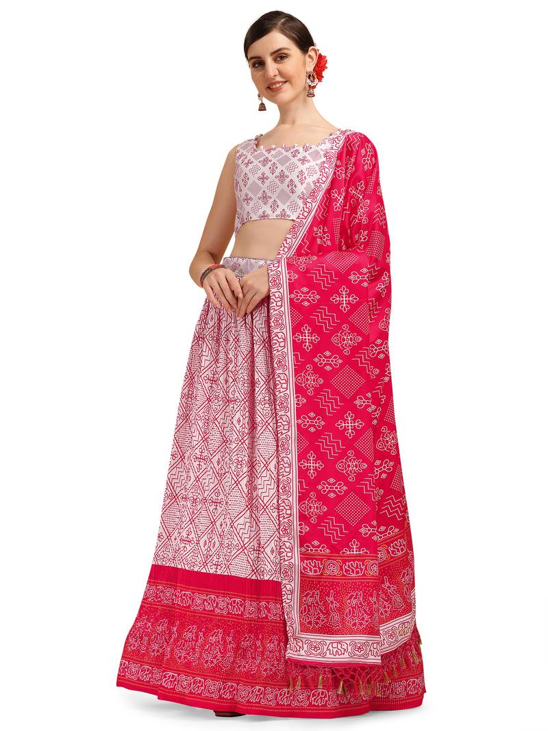Amrutam Fab Women's Whitre & Pink Color Satin Digital Print Crush Designer Lehenga Choli