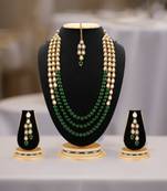 Gold Finish Kundan  And  Glass Pearl 3 Layer Necklace Set With Maang Tikaa