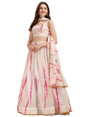 Amrutam Fab Women's White & Pink Color Georgette Shibori Print With Lace Lehenga Choli 3